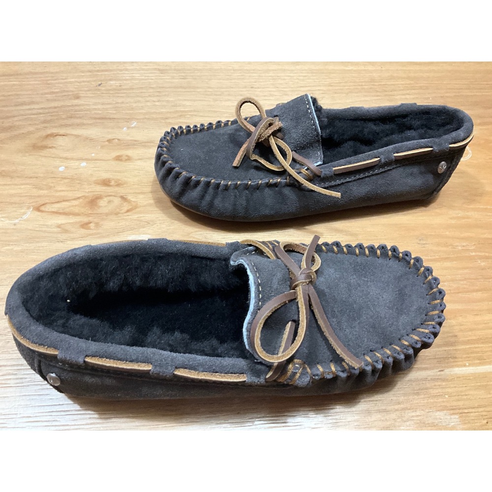EMU Australia Amity Charcoal Grey Suede Sheepskin Lined Moccasin Slippers W6 M5